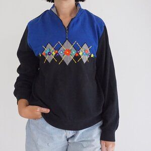 VTG Alfred Dunner Black Blue Floral Quarter Zip Sweatshirt Eclectic Grandpa M